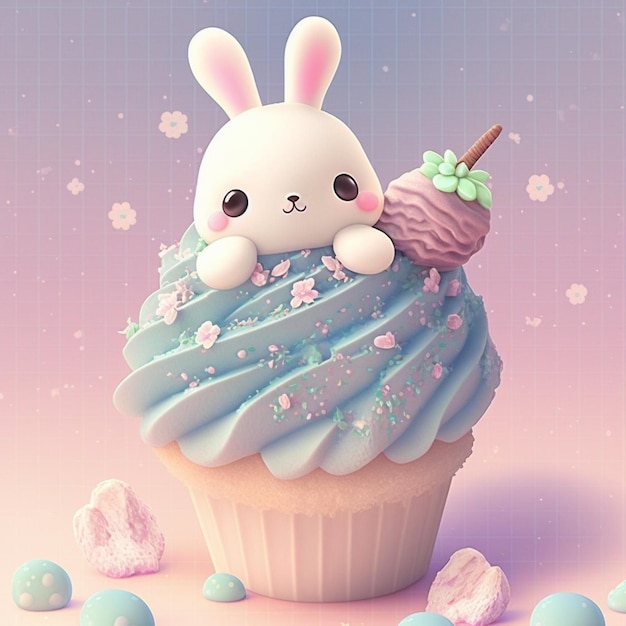 Il y a un cupcake avec un lapin sur le dessus.