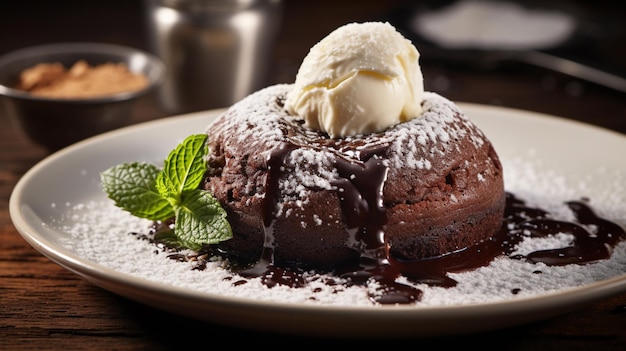 Il y a un dessert au chocolat avec de la crème glacée sur le dessus.