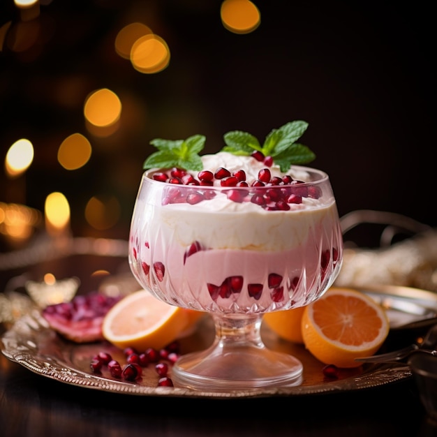 il y a un dessert dans un bol en verre avec des fruits à côté ai génératif