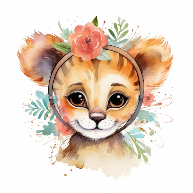 Il y a un dessin à l'aquarelle d'un chat avec une couronne de fleurs générative ai