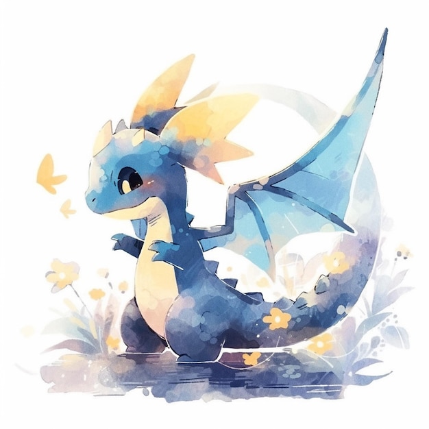 il y a un dessin aquarelle d'un dragon avec une queue bleue ai générative