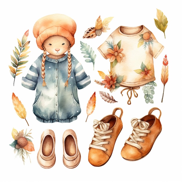 Il y a un dessin à l'aquarelle d'une fille vêtements et chaussures générative ai