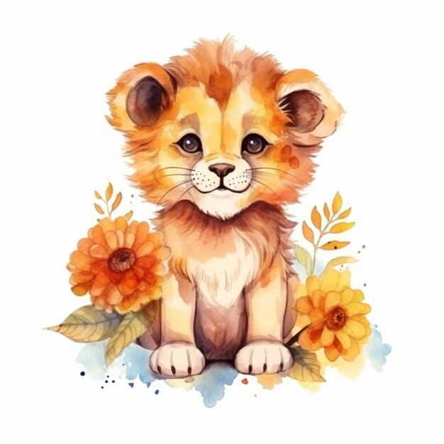 Photo il y a un dessin à l'aquarelle d'un lionceau avec des fleurs.