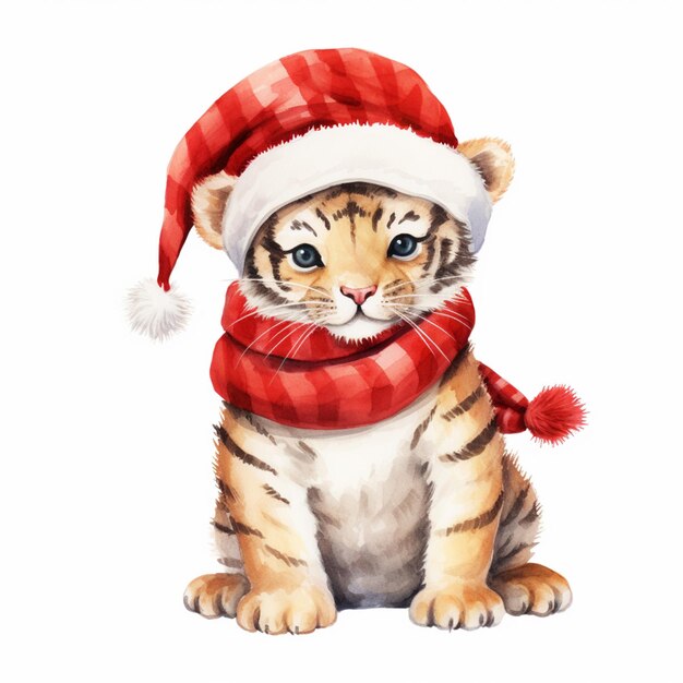 il y a un dessin à l'aquarelle d'un petit tigre portant un bonnet de Noel ai génératif