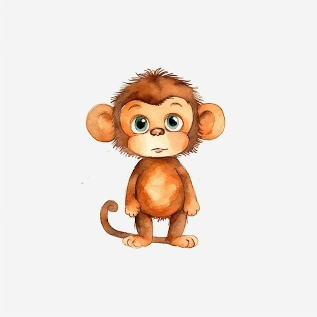 Il y a un dessin à l'aquarelle d'un singe avec de grands yeux.