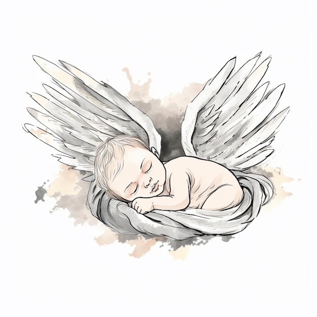 Photo il y a un dessin d'un bébé qui dort avec des ailes dessus ia générative