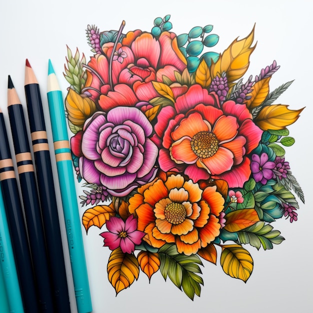 Il y a un dessin d'un bouquet de fleurs avec des crayons de couleur génératifs ai