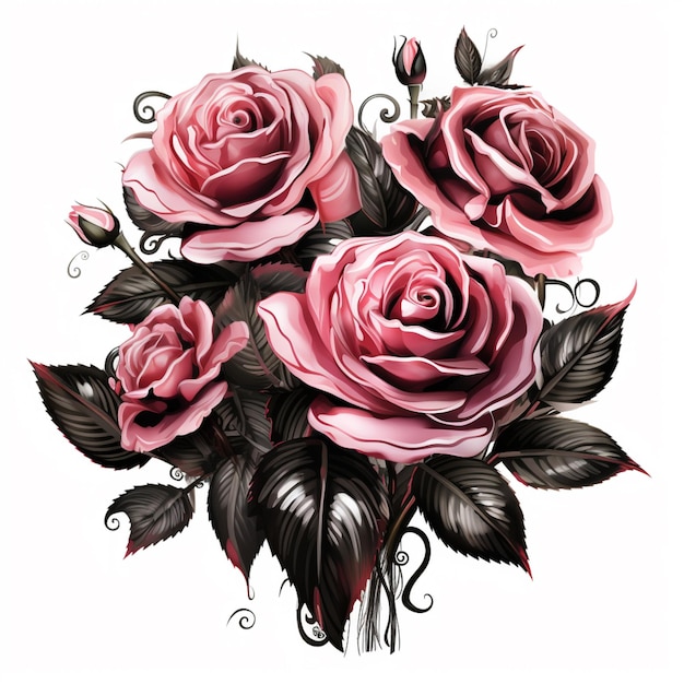 il y a un dessin d'un bouquet de roses roses avec des feuilles ai génératif