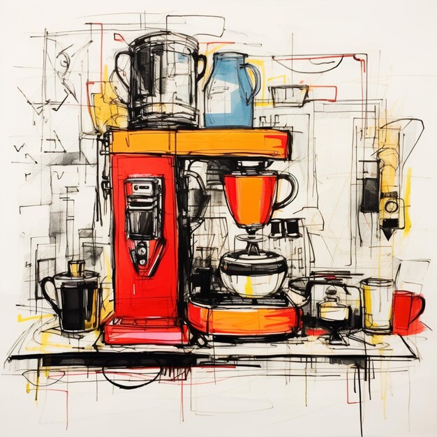 Photo il y a un dessin d'une cafetière et d'un mixeur sur un compteur génératif.