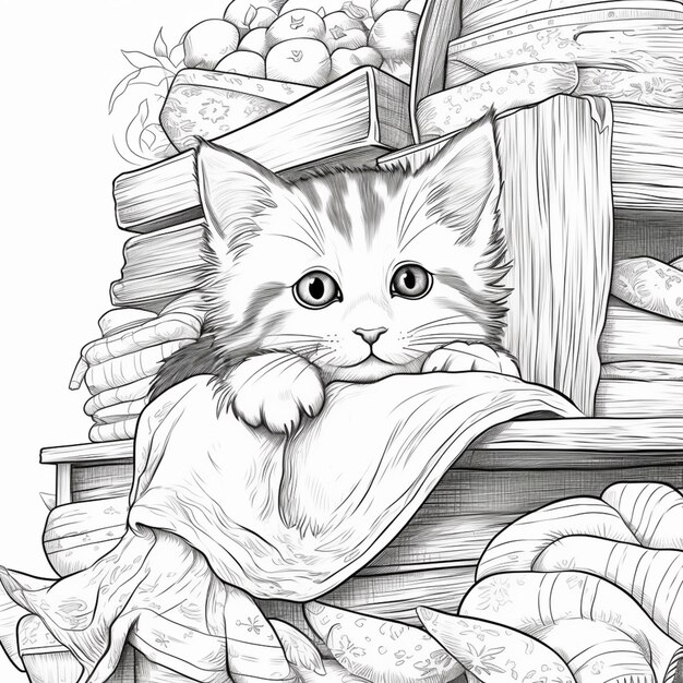 Il y a un dessin d'un chat assis sur une pile de livres.