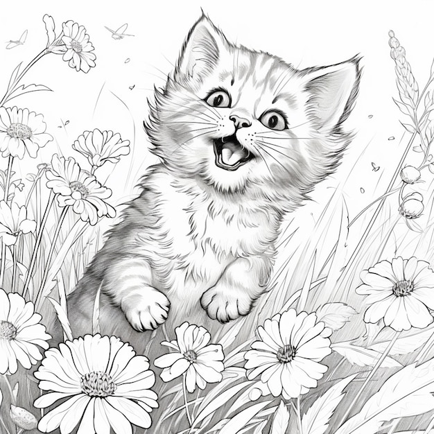 Il y a un dessin d'un chaton assis dans un champ de fleurs.