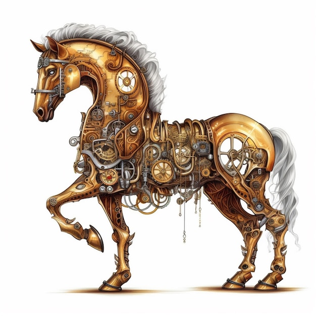 Il y a un dessin d'un cheval fait de pièces mécaniques générative ai