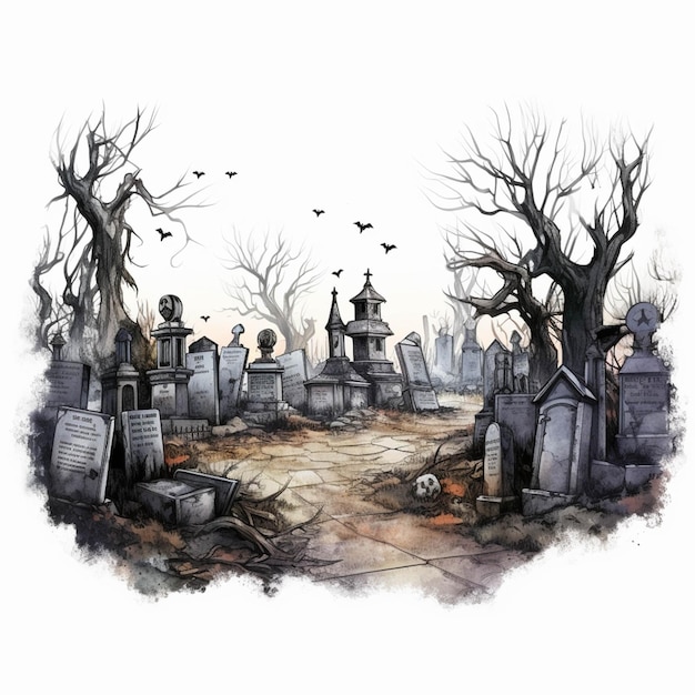 Il y a un dessin d'un cimetière avec un crâne au milieu de l'ai générative