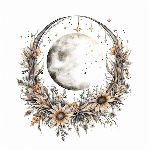 Photo il y a un dessin d'une couronne avec des fleurs et une lune générative ai