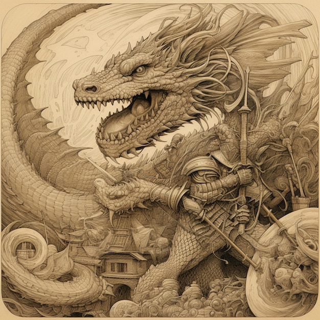 il y a un dessin d'un dragon avec un homme monté sur un cheval ai générative