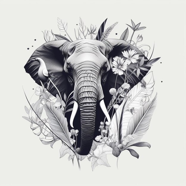 Photo il y a un dessin d'un éléphant avec des fleurs et des feuilles.