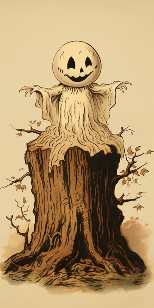 Photo il y a un dessin d'un fantôme effrayant assis sur une souche d'arbre.