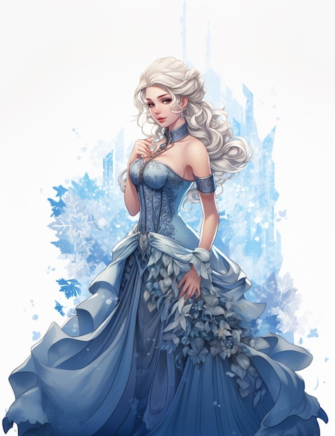 Il y a un dessin d'une femme dans une robe bleue.