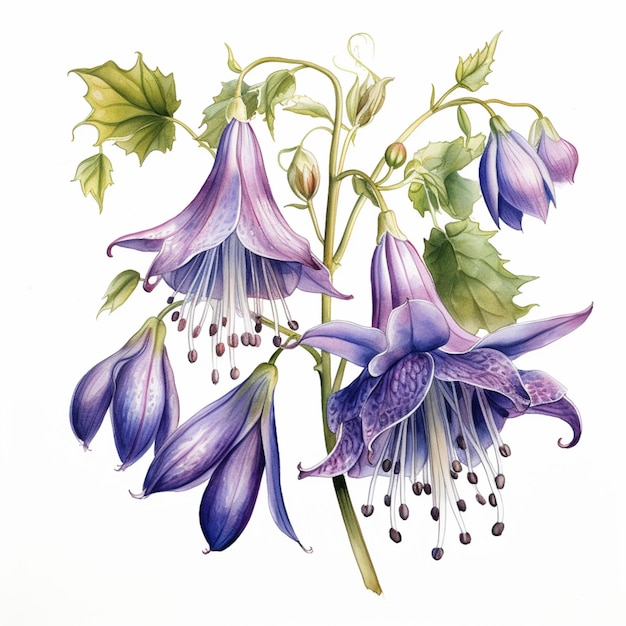 Il y a un dessin d'une fleur violette avec des feuilles vertes générative ai