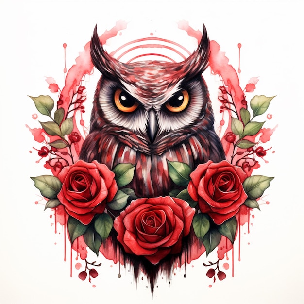 Photo il y a un dessin d'un hibou avec des roses dessus.