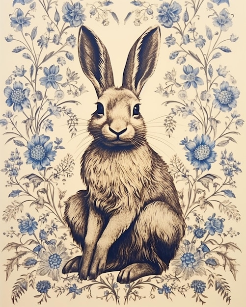 Photo il y a un dessin d'un lapin assis dans un cadre floral.