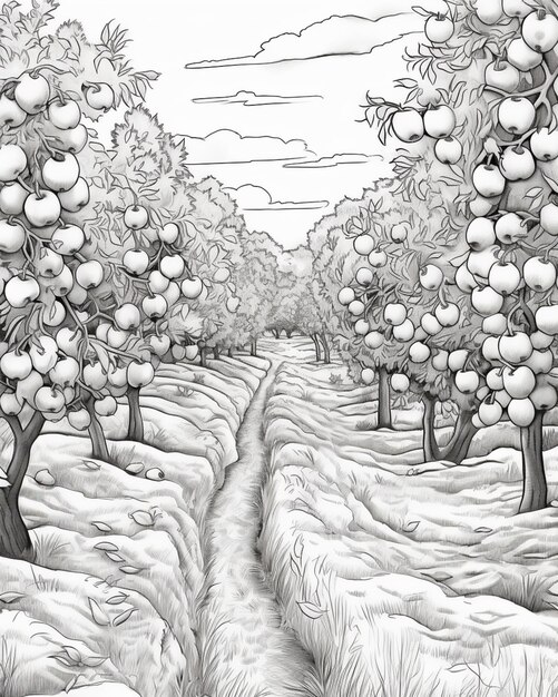 il y a un dessin d'une ligne d'arbres avec des fruits dessus ai générative