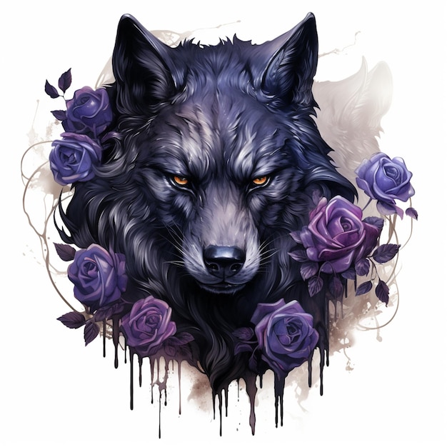 il y a un dessin d'un loup avec des roses dessus IA générative