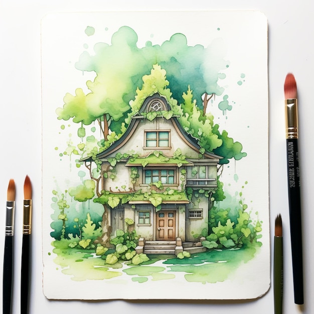 Il y a un dessin d'une maison avec un arbre sur le toit.