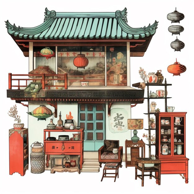 Il y a un dessin d'une maison chinoise avec beaucoup de meubles génératifs ai