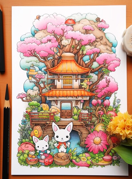 Il y a un dessin d'une maison avec un lapin et un chat.