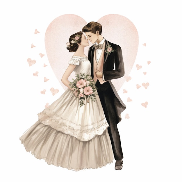 Il y a un dessin d'une mariée et d'un marié qui s'embrassent.