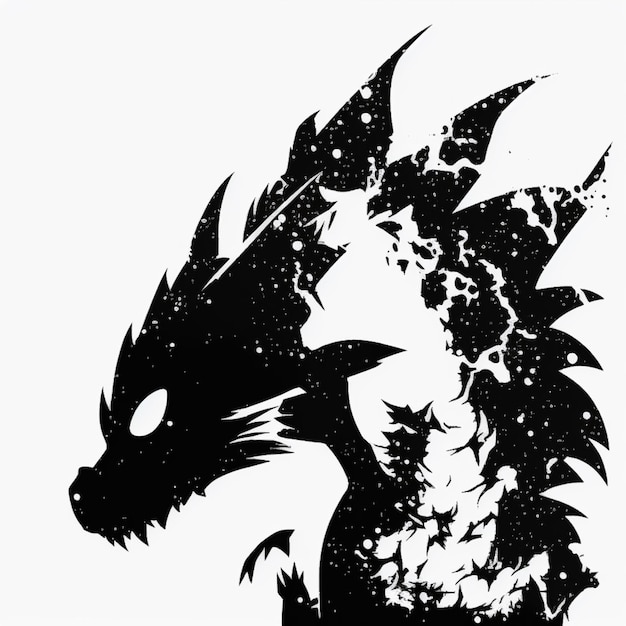 Il y a un dessin en noir et blanc d'un dragon avec un visage plat.