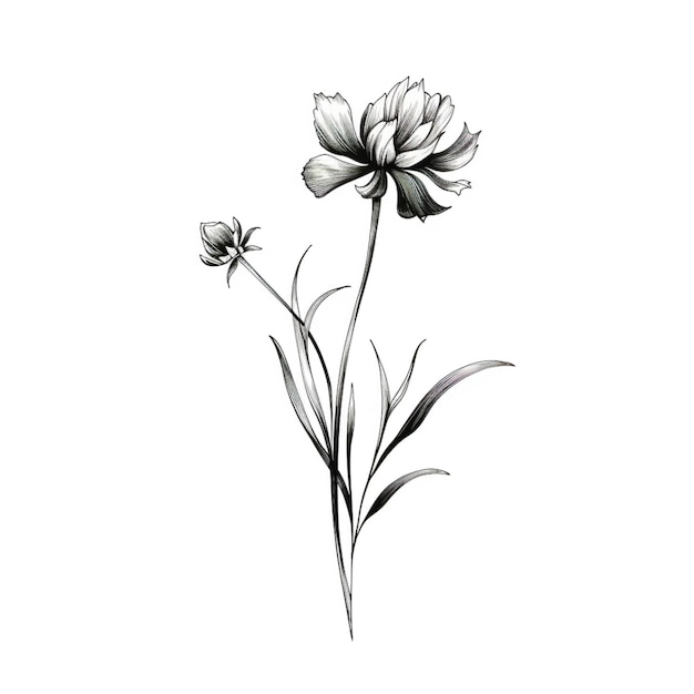 Il y a un dessin en noir et blanc d'une fleur sur un fond blanc.