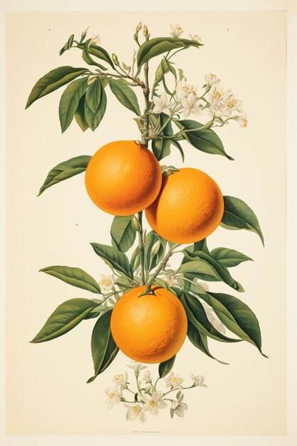 Photo il y a un dessin d'oranges sur un arbre avec des feuilles génératives ai