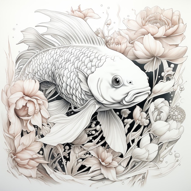 Photo il y a un dessin d'un poisson avec des fleurs et des feuilles génératives ai