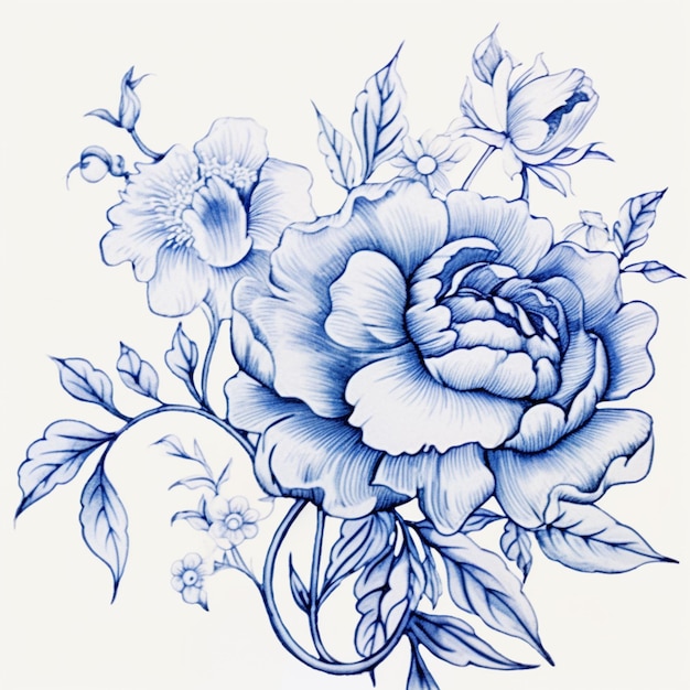 Il y a un dessin d'une rose bleue avec des feuilles et des fleurs génératives ai