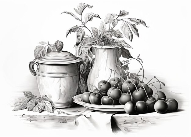 Il y a un dessin d'un vase de cerises et d'une assiette de cerises générative ai