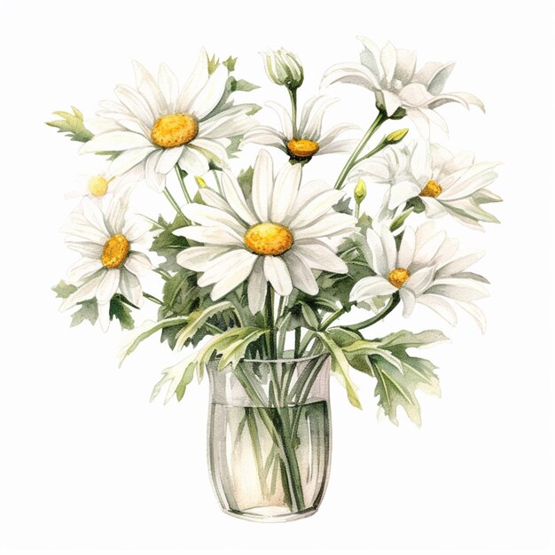 il y a un dessin d'un vase avec des fleurs blanches dedans ai générative