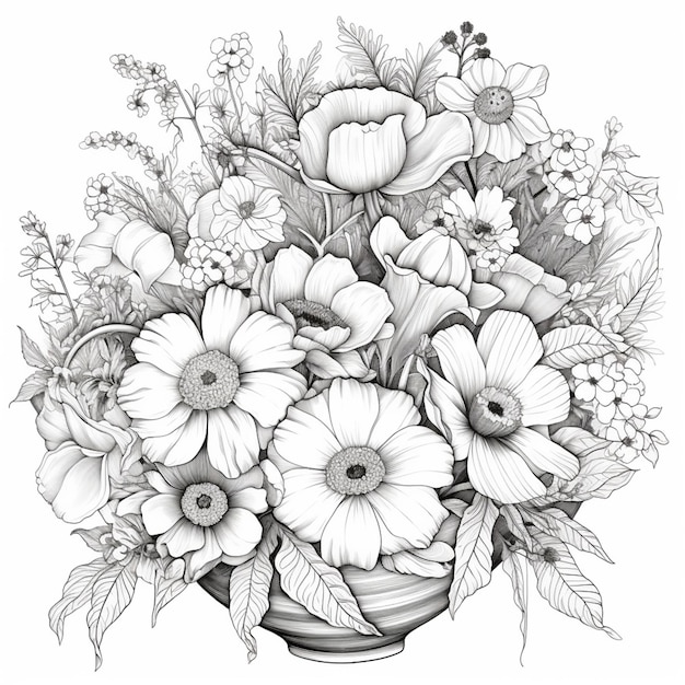 Il y a un dessin d'un vase avec des fleurs dedans.