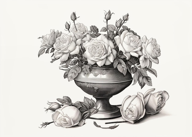 Photo il y a un dessin d'un vase avec des roses dedans.