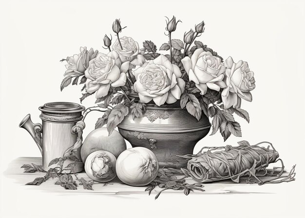 Il y a un dessin d'un vase avec des roses et des pommes.