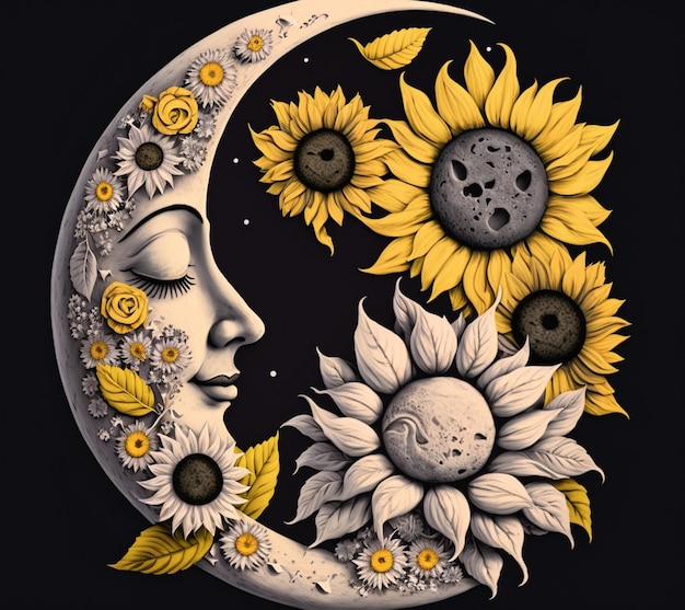 Il y a un dessin d'un visage de femme avec des tournesols sur la lune.