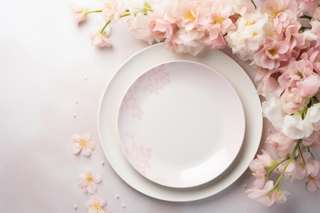 il y a deux assiettes et un bol avec des fleurs sur la table générative ai