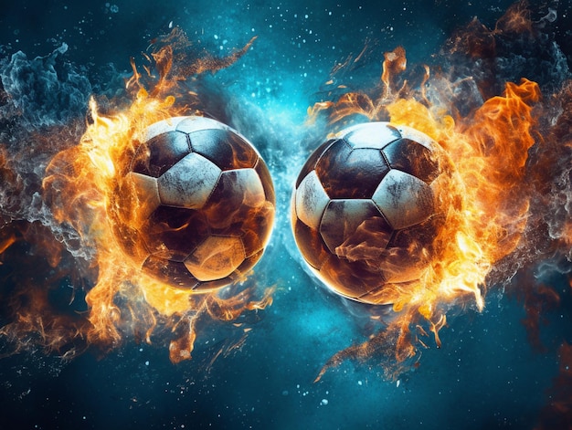 Il y a deux ballons de football dans le feu avec un fond bleu génératif ai