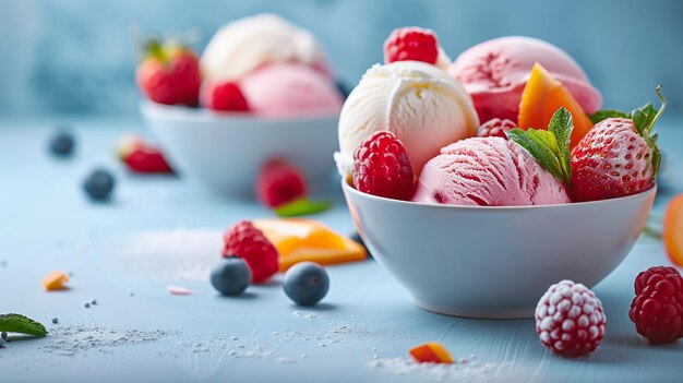 Il y a deux bols de crème glacée et de baies sur la table.