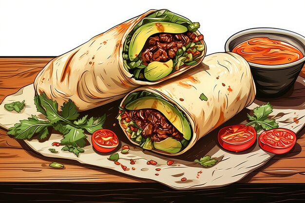 Il y a deux burritos avec de la viande et des légumes sur une table.