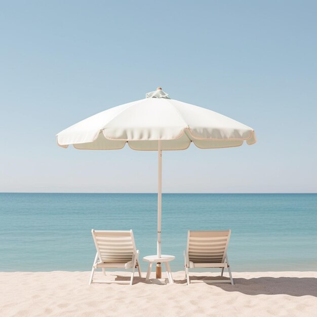 Il y a deux chaises et un parapluie sur la plage.