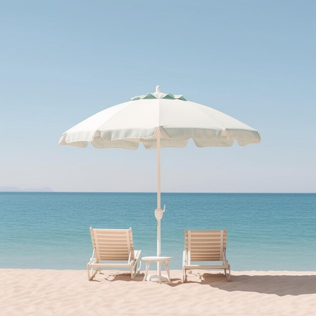 Il y a deux chaises et un parapluie sur la plage.