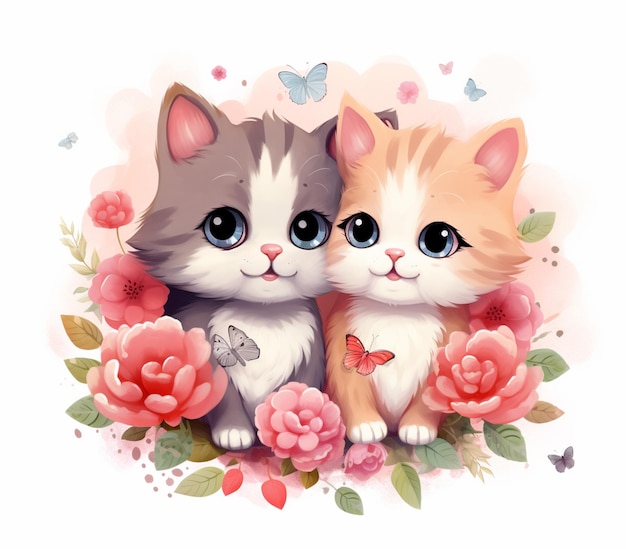 Il y a deux chatons assis l'un à côté de l'autre avec des fleurs ai génératives