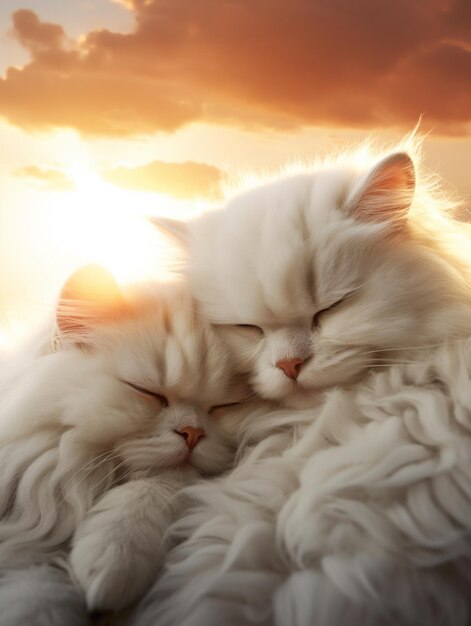 Il y a deux chats blancs qui dorment ensemble sur une couverture.